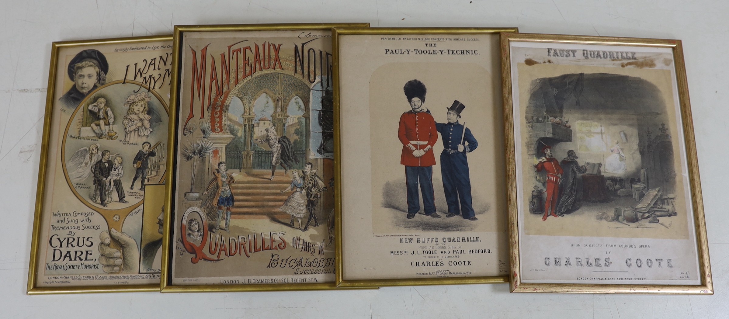 Four assorted Victorian music / play bills, Cyrus Dare 'I Want My Mumma', 'Manteaux Noirs', 'The Paul-Y-Toole-Why-Technic' and 'Faust Quadrille', approximately 33 x 24cm